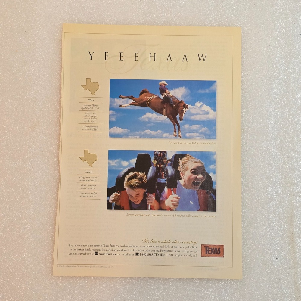 Vintage 2000 Texas Tourism Print Ad Horse Roller Coaster 8x10.5 Original